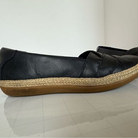 Clarks Black Leather Cloudstepper Comfort Slip On Espadrille Loafer Sz 5.5 - Picture 6 of 14